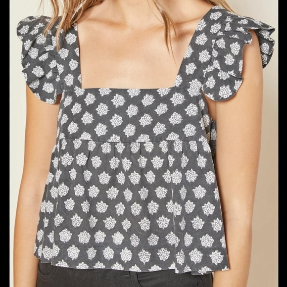 Outerknown Tops - Outerknown Gray Black White Astrid Floral Babydoll Tank Top Waist Crop Small